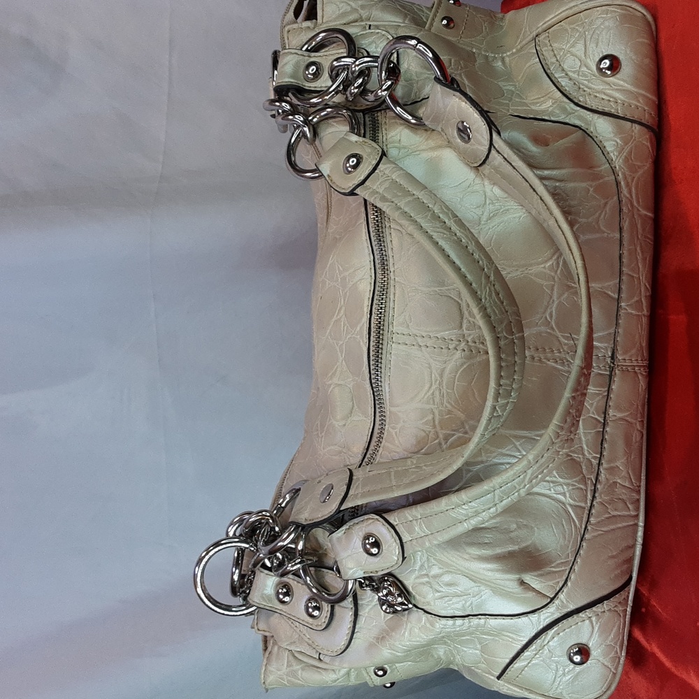 Kathy Van Zeeland Cream Faux-Croc Satchel with Chunky Silver Chain